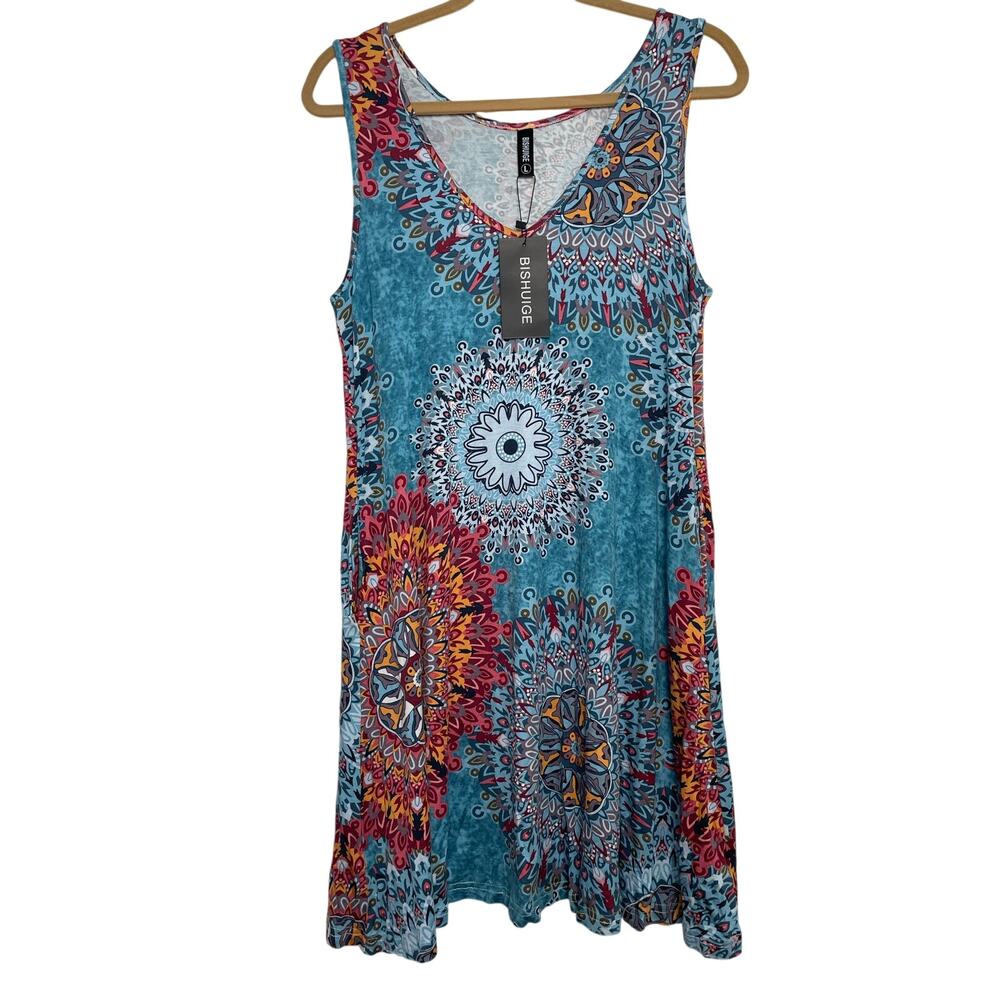 New Bishuige Boho Mini Swing‎ Dress Stretchy Mandala Pattern Sleeveless Sz Large